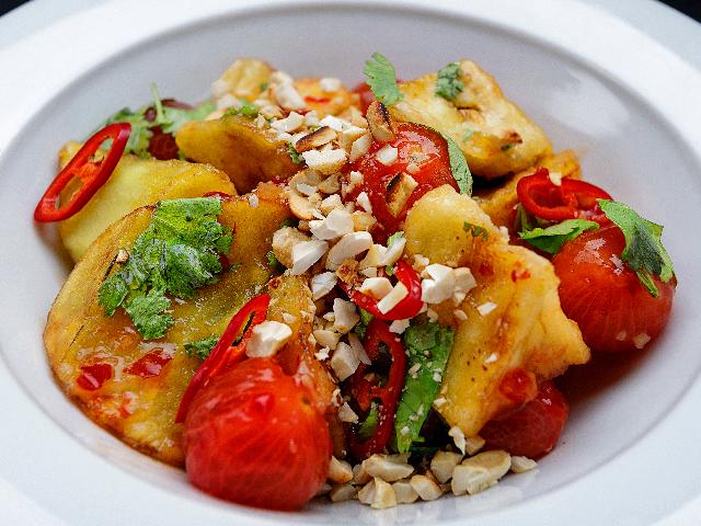 Warm eggplant salad in sweet and sour sauce
