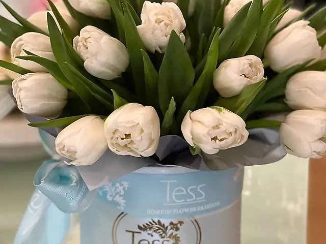 Композиция в шляпной коробке из 25 голландских тюльпанов