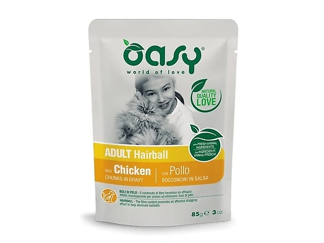 OASY CAT WET Adult Hairball 85гр, пауч для котів шматочки в соусі