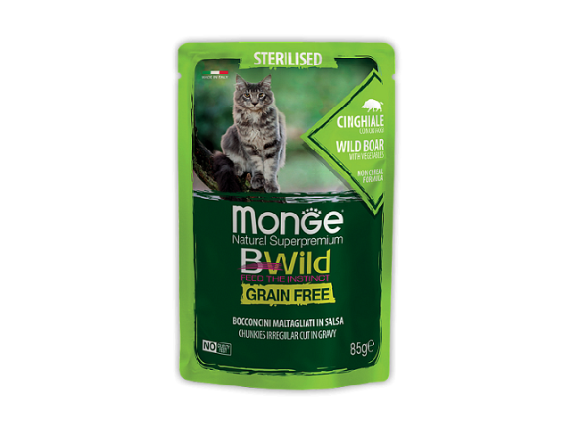 MONGE CAT WET BWild Sterilised Wild Boar пауч, мясо дикого кабана, шматочки в соусі для стер-х 85г