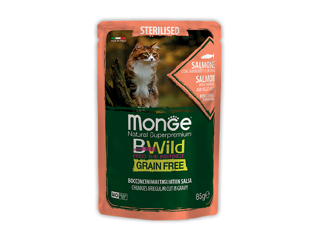 MONGE CAT WET BWild Sterilised Salmon пауч, лосось з креветками, шматочки в соусі для стер-х 85г