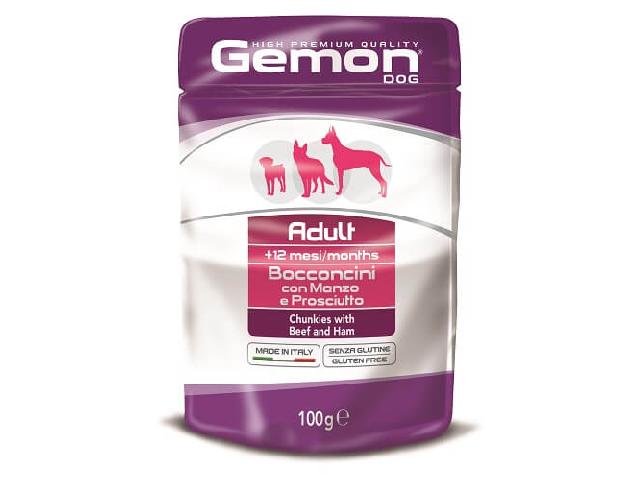 GEMON DOG WET Adult Beef пауч, яловичина з шинкою, шматочки в соусі 100гр