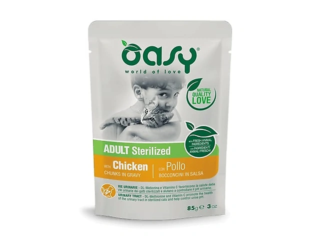 OASY CAT WET Adult Sterilized курка 85гр, пауч для котів шматочки в соусі