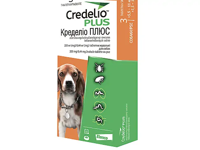 Жувальні таблетки від бліх, кліщів та гельмінтів Credelio Plus для собак 5,5 -11 кг ,1 таблетка