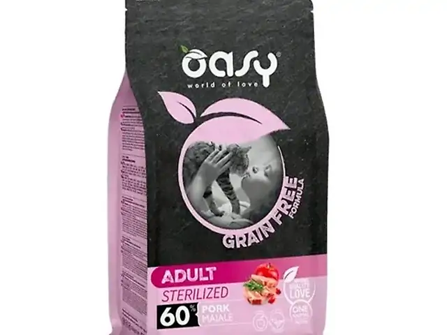 OASY GRAIN FREE FORMULA для дорослих стерилізованих кішок свинина з яблуком та шипшиною