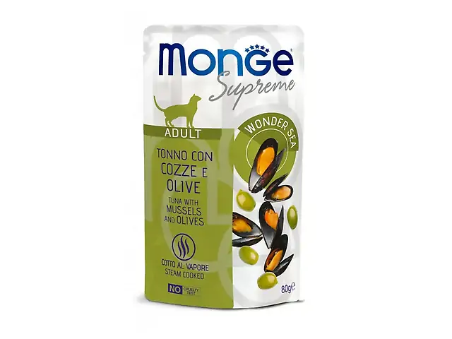 MONGE Supreme CAT WET Adult пауч, тунeць з мідіями та оливками 80гр