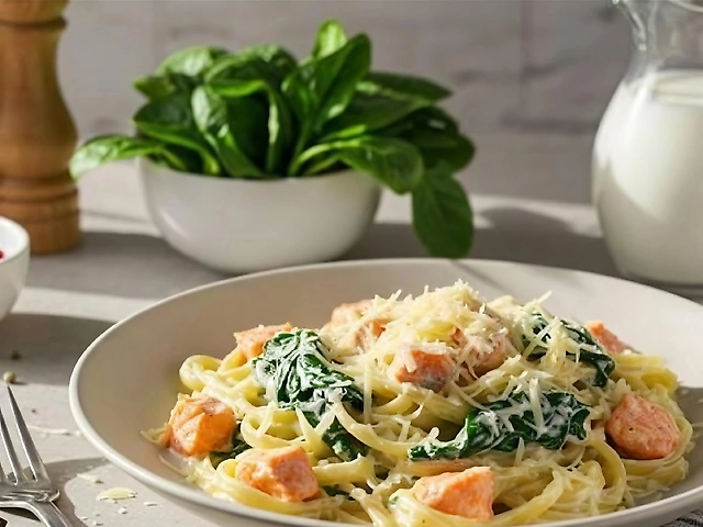 Тальятелле с семгой и шпинатом