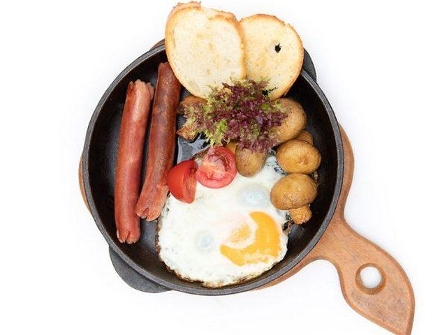 Яичница с сосисками и грибами