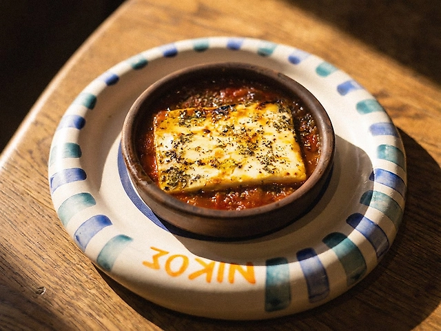 Грецька Фета Lykas, запечена в дровяній печі з томатами і баклажаном