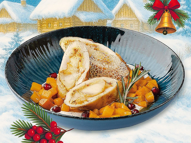 Курячий рулет з грушею на вершково-трюфельному соусі з карамелізованою хурмою