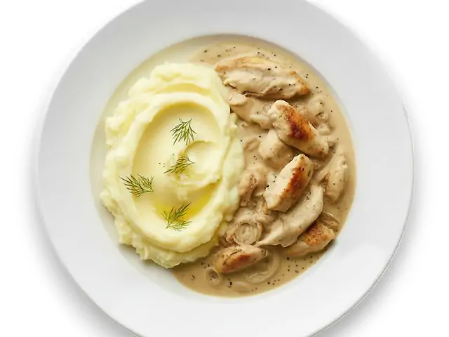 Картопля пюре на кокосовому молоці з підливою курочки