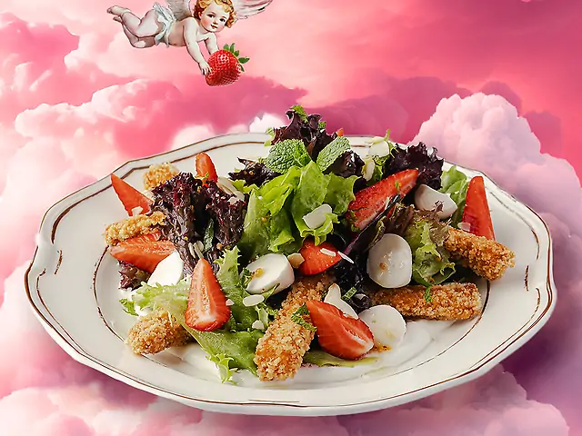 Salad with crispy chicken strips, Strawberries