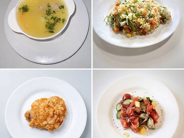 Меню 1: Бульйон Курячий/Рис з овочами/Куряча відбивна/Салат Овочевий/Хліб: 