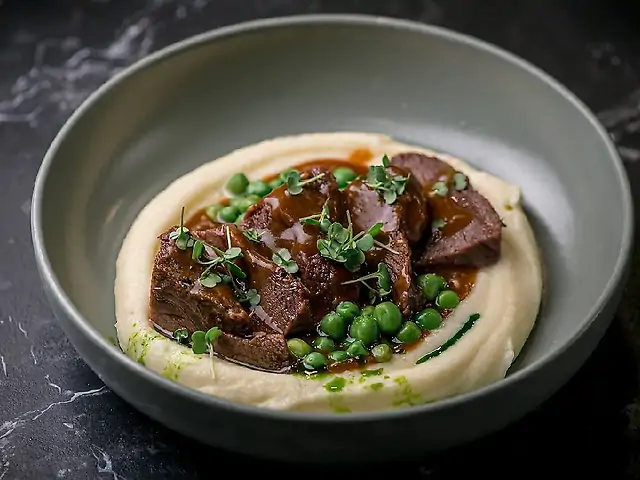 Томлені яловичі щічки з пюре та зеленим горошком