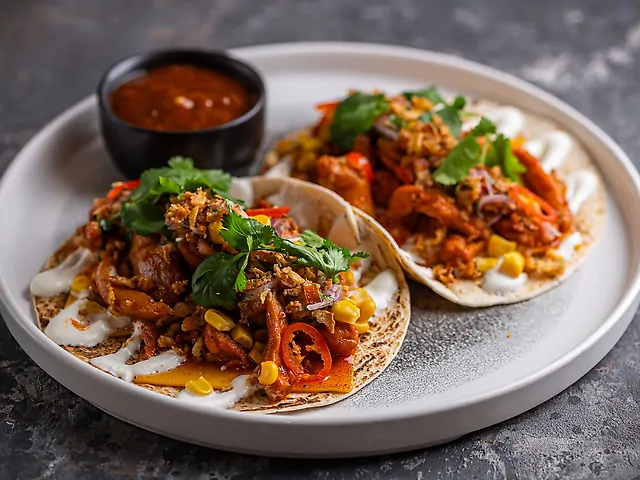 Тако з куркою, овочевою сальсою та лаймовим соусом