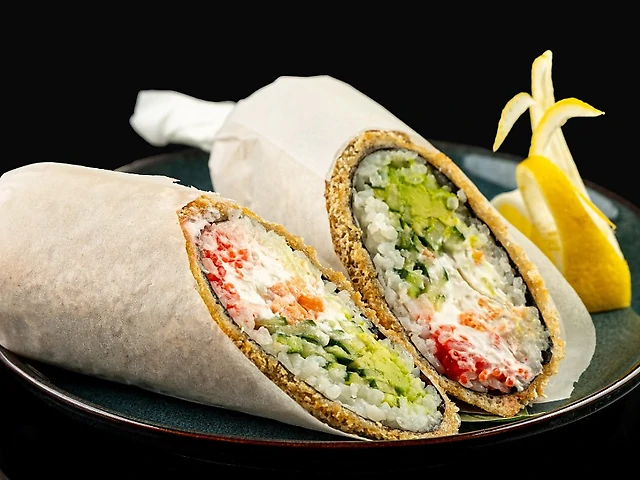 Burrito with salmon and snow crab