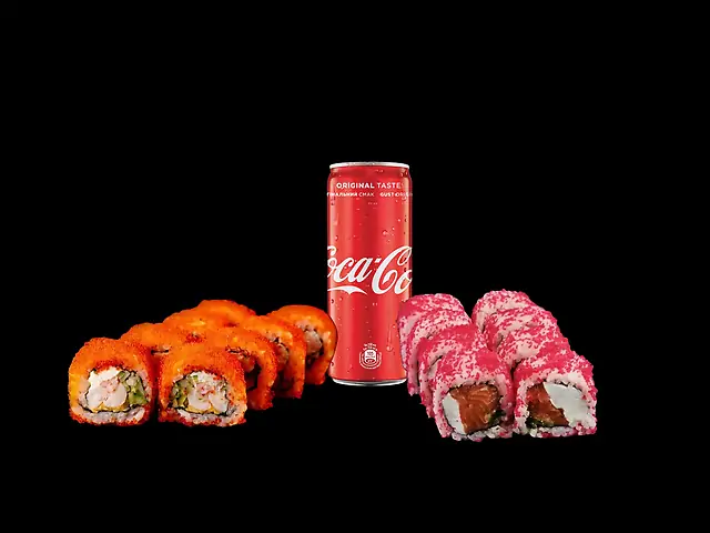 Комбо: Каліфорнія рол з лососем, каліфорнія рол з креветкою, coca-cola