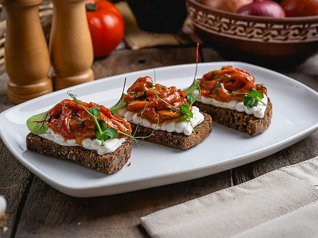 Тости з запеченим перцем та кремом із фети