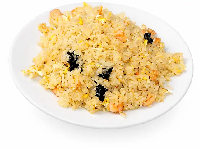 134 Смажений рис з креветками, листями норі та яйцем