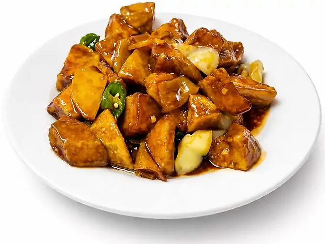 114 Смажені баклажани з картоплею та болгарським перцем