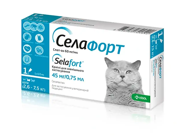 Краплі на холку KRKA СЕЛАФОРТ для котів 2.6-7.5 кг упаковка 1 піпетка х 0.75 мг/1 мл