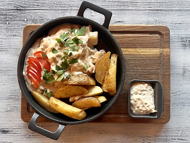 Гаряча пательня з морепродуктами, ананасами в вершковому соусі