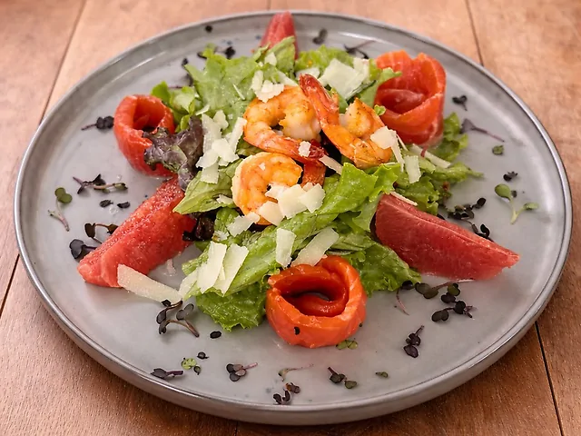 Салат з малосольним лососем,креветками і медово-гірчичним соусом