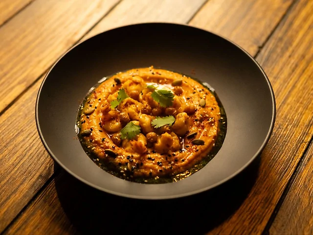 Хумус з печеним гарбузом , креветками та вершковою буратою