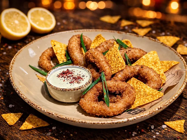 Кільця кальмарів та начос в хрусткій паніровці