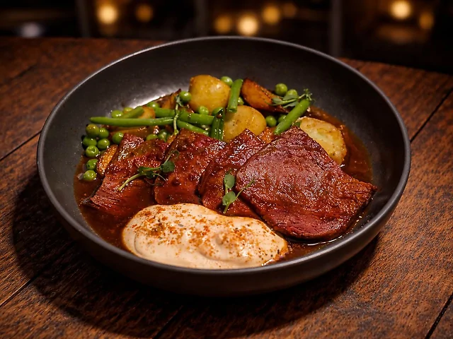 Телятина томлена "CORNED BEEF" з молодими овочами та густим соусом  із томатів та перців