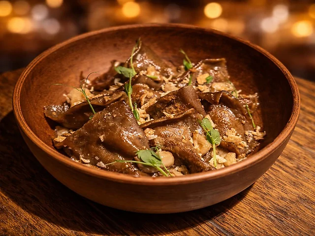 Вареники гречані з печеною картоплею, білими грибами та трюфелем