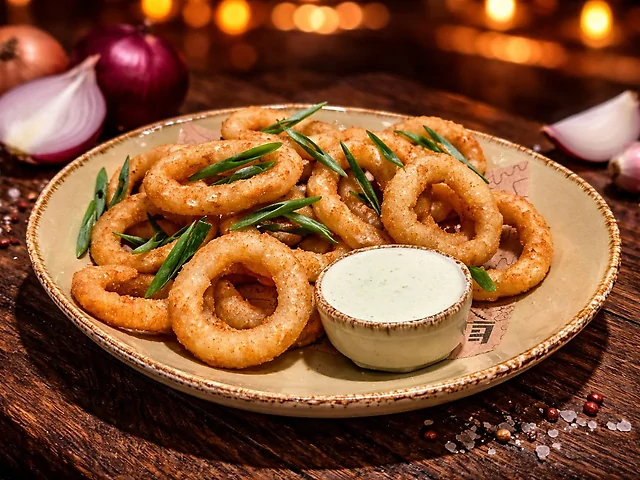Кільця цибулі в хрусткій паніровці з соусом тартар