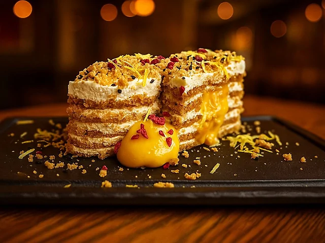 Honey BEER Сake з манго та кунжутним крамблом