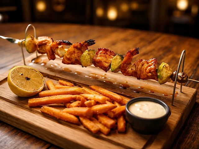 ШАШЛИК -ШАМПУР з лосося та креветок в пивному маринаді