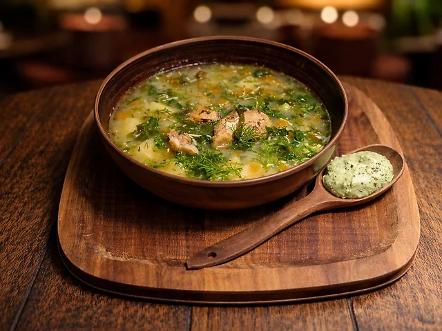 Зелений борщ з куркою томленою на вугіллі та кремом з молодої бринзи
