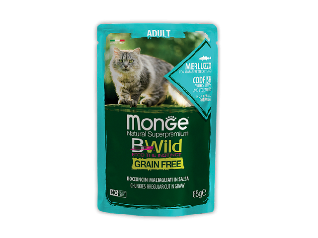 MONGE CAT BWILD GR.FREE WET тріска з креветками і овочами, 85g