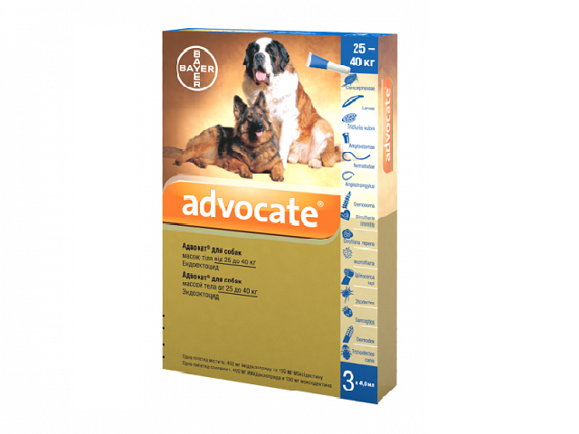 Адвокат, краплі від бліх, гельмінтів і вушного кліща для собак вагою більше 25кг (Advocate flea and wormer spot on treatment for dogs 25 + kg)
