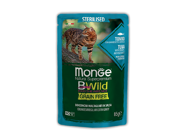 MONGE CAT BWILD GR.FREE WET Sterilised тунець з креветками і овочами, 85g