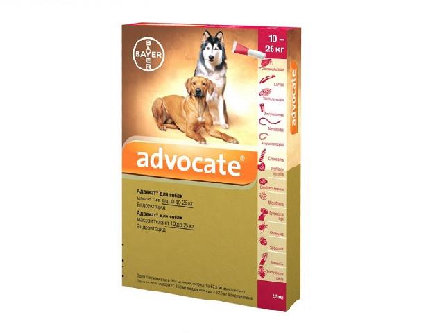 Адвокат, краплі від бліх, гельмінтів і вушного кліща для собак вагою 10-25кг (Advocate flea and wormer spot on treatment for dogs 10-25kg)