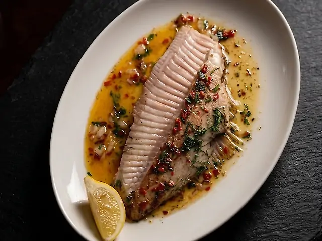 Камбола тюрбо в соусі з овочами