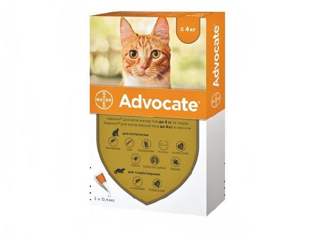 Адвокат, краплі від бліх, гельмінтів і вушного кліща для кішок до 4кг (Advocate flea and wormer spot on treatment for cats up to 4kg)