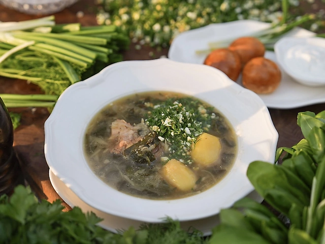 Зелений борщ з ребрами молодого теля