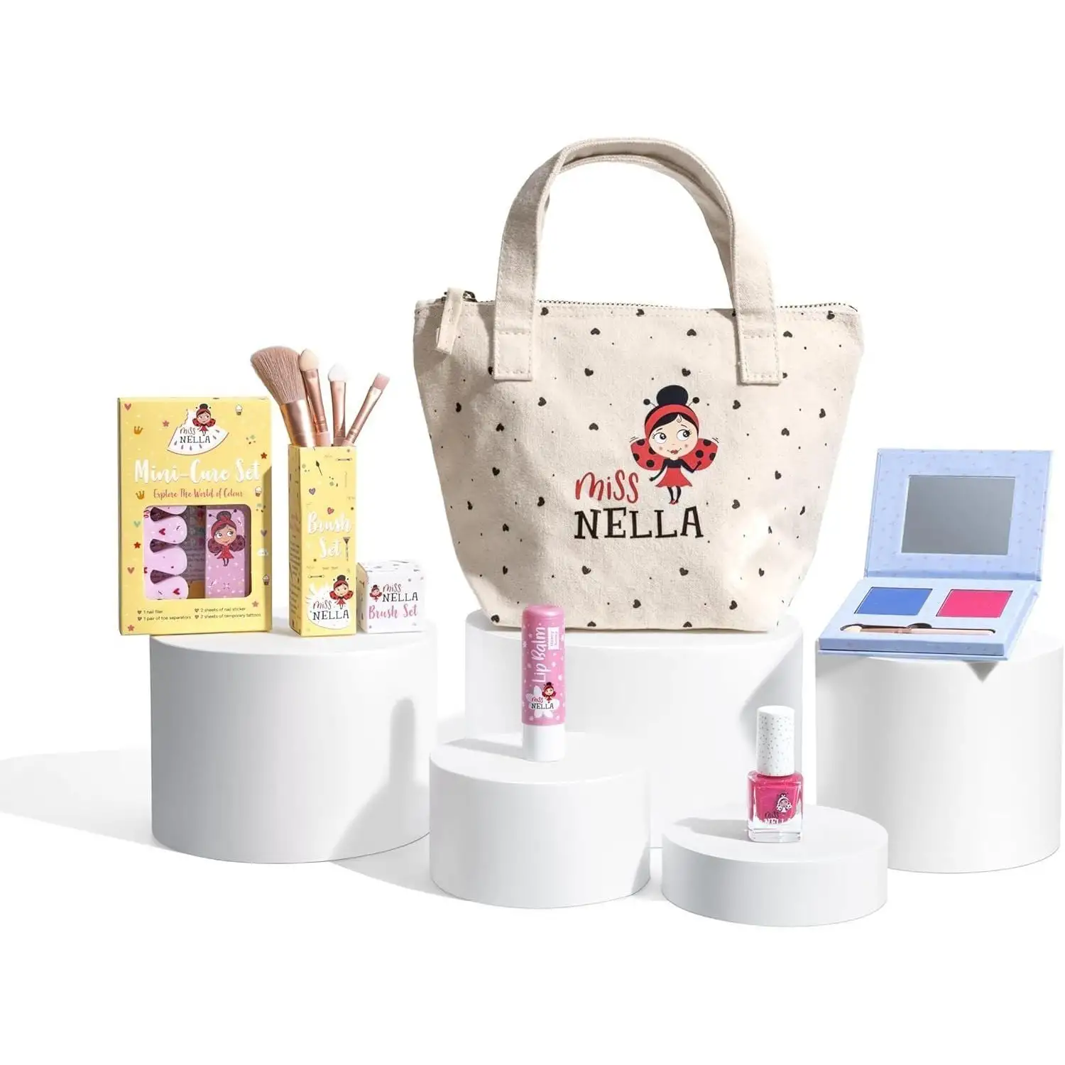 Набір дитячої косметики Miss Nella "Backpack of Wonders"(3 лаки для нігтів, бальзам для губ,рум'яна,тіні, інші аксесуари)