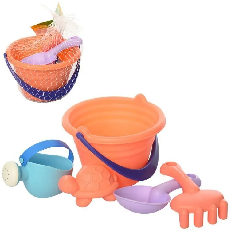 Набір для пісочниці HG-762 відерце, лопатка, лійка, формочка, граблі, м&#039;який, сітка, 15-18-12 см.