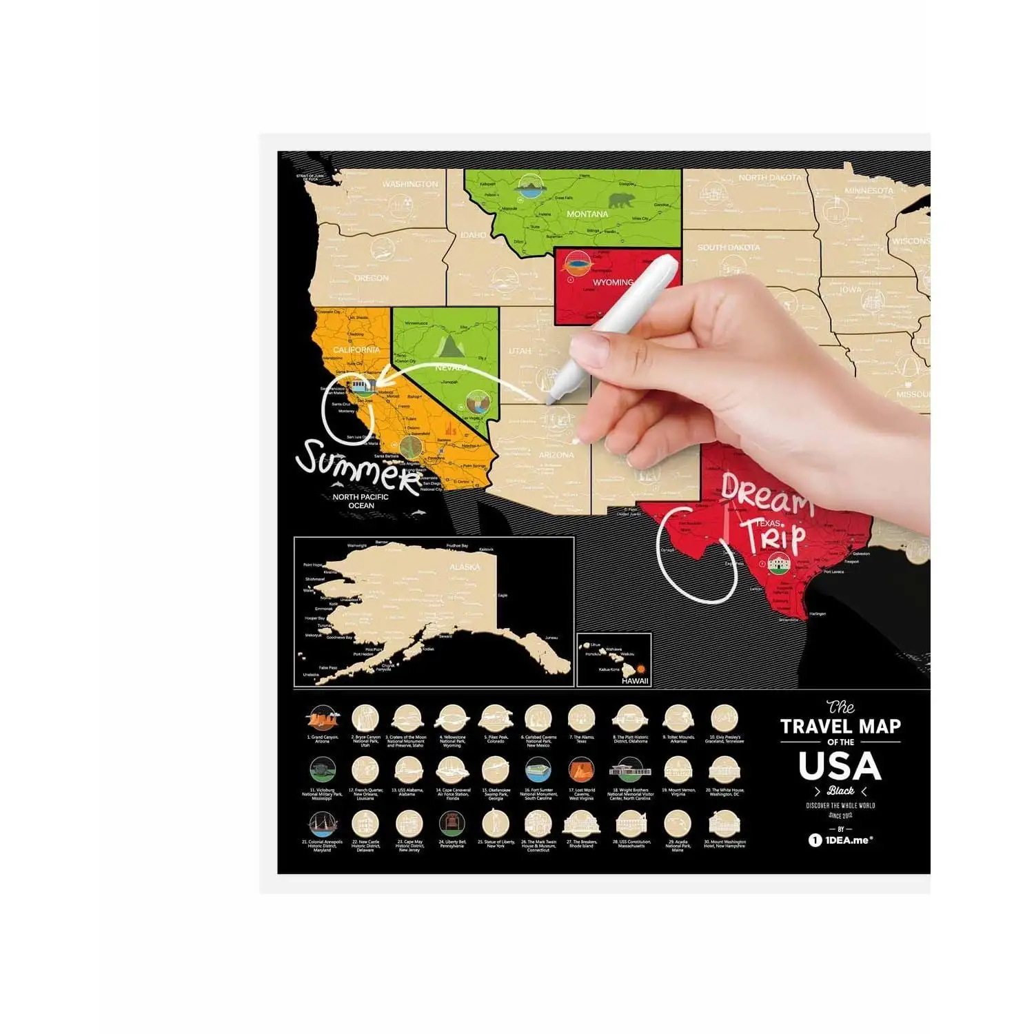 Скретч карта США "Travel Map USA Black" (английский язык), в тубусе 1DEA.me