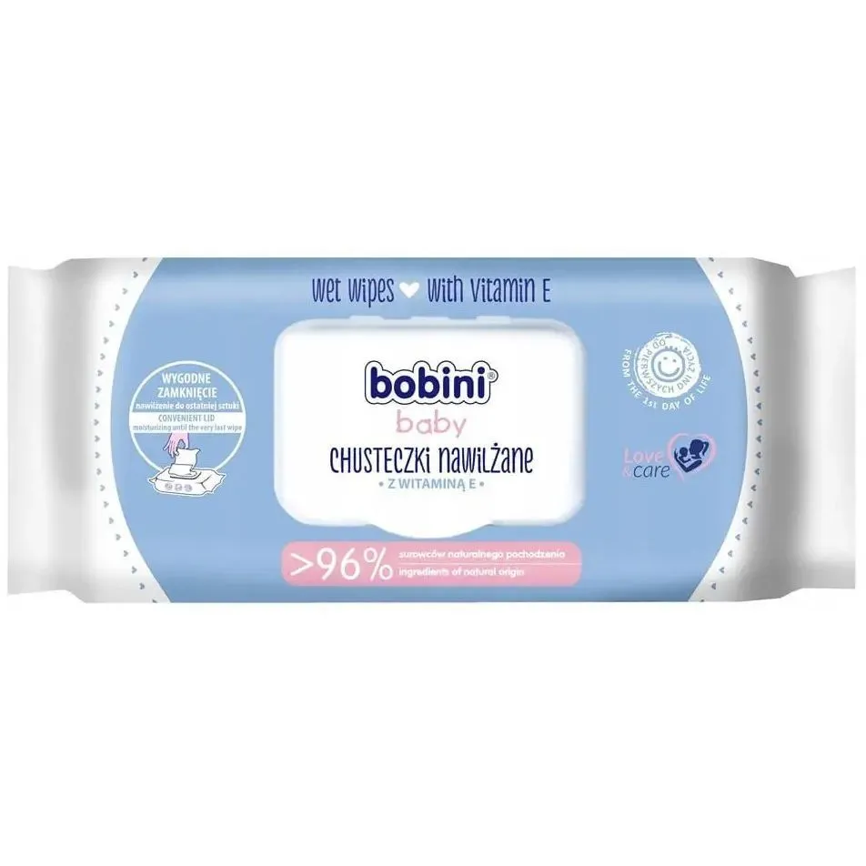 Вологі гіпоалергені серветки з вітаміном Е, 60 шт - ( 0+ ) / "Bobini"
