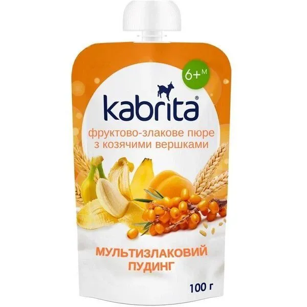 Kabrita Фруктово-злакове пюре з козячими вершками "Мультизлаковий пудинг",  для дітей від 6 міс.,100 г.