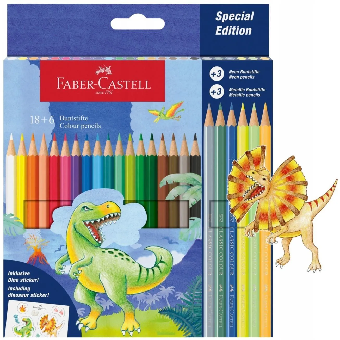 111222 КОЛЬОРОВІ ОЛІВЦІ 18КОЛ.+3КОЛ. METALLIC +3КОЛ. NEON &quot;DINO&quot; КАРТОН.УПАК.