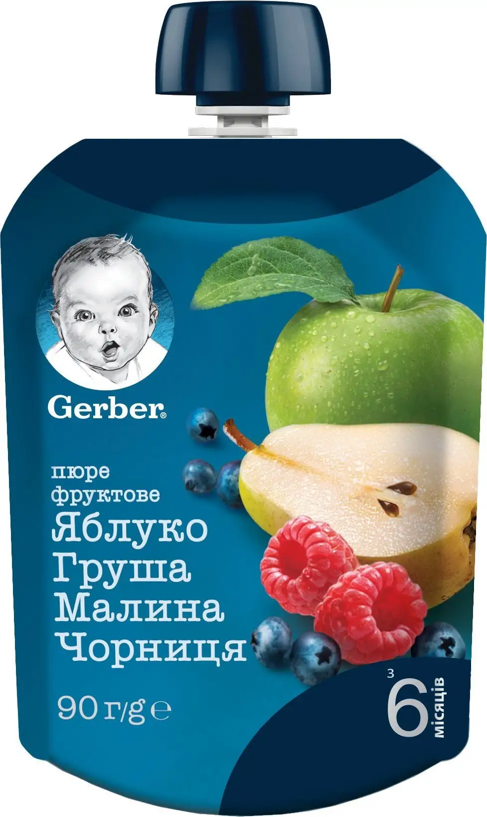 Пюре "Яблуко, груша, малина, черника" 90 г пауч, Gerber