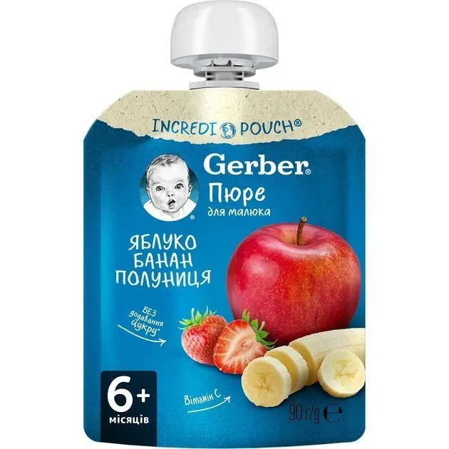 пюре яблуко,банан,полуниця 90г пауч